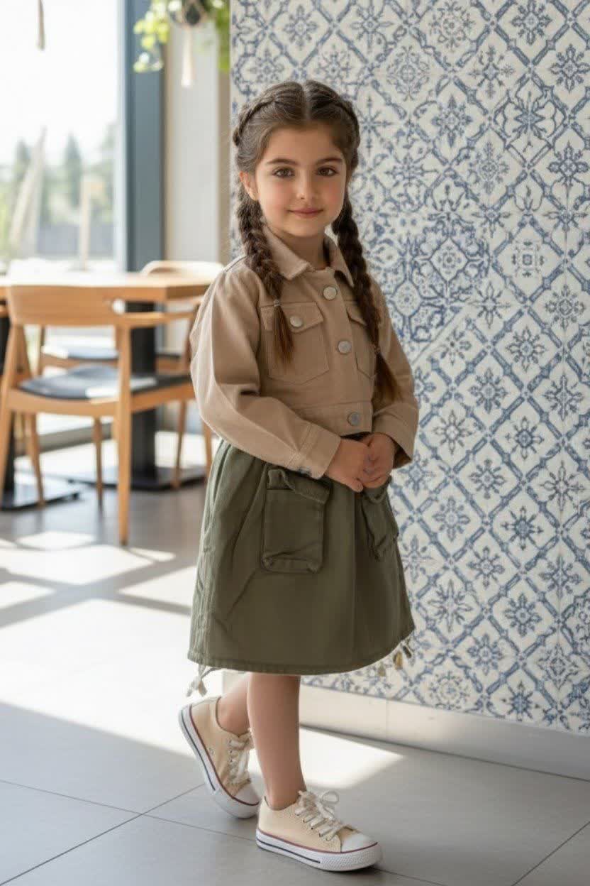 ست دخترانه کت و سارافون کتان مجلسی بچگانه مدل مهتا