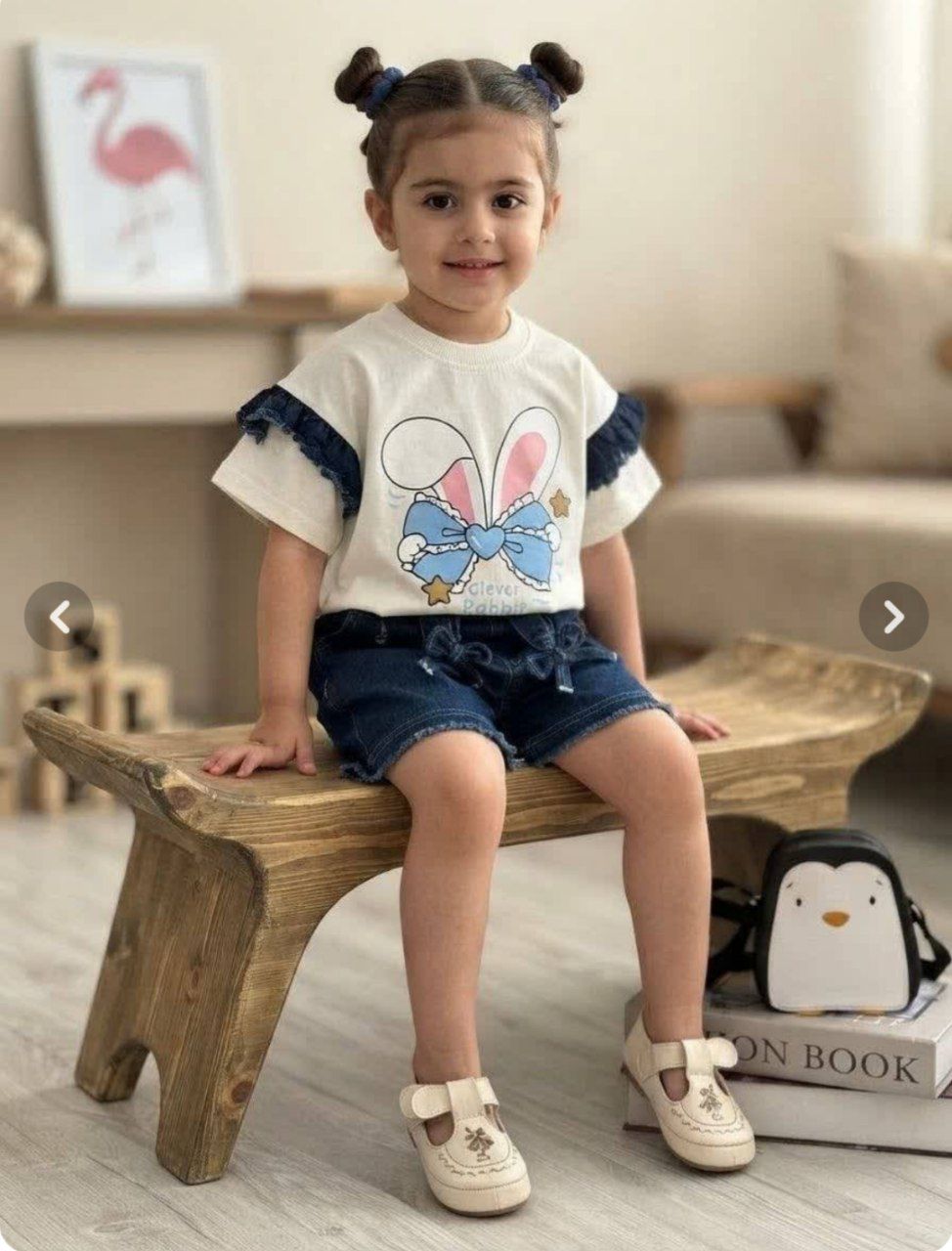 ست پوشاک دخترانه / کراپ نخپنبه اعلا  و شورت جین طرح خرگوش / سایز ۳۵ تا ۵۰
